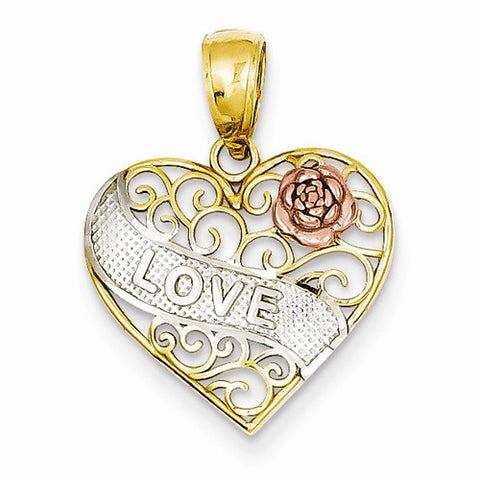 14k Gold Yellow & Rose Gold w/Rhodium Love Heart Pendant, Pendants for Necklace