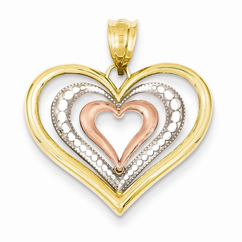 14k Gold Yellow, Rose and Rhodium Diamond-cut Heart Pendant, Pendants for Necklace