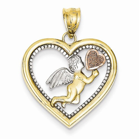 14k Gold Yellow, Rose and Rhodium Angel Heart Pendant, Pendants for Necklace