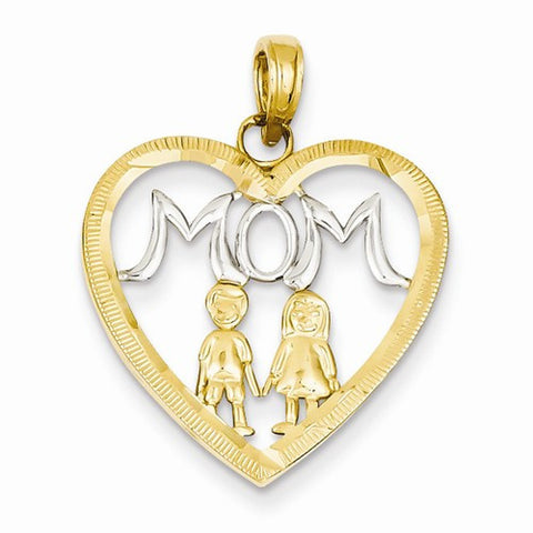 14k Gold & Rhodium Mom w/Kids Heart Pendant, Pendants for Necklace