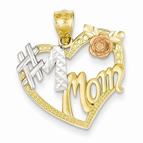 14k Gold Two-tone and Rhodium #1 Mom Heart pendant, Pretty Pendants for Necklace