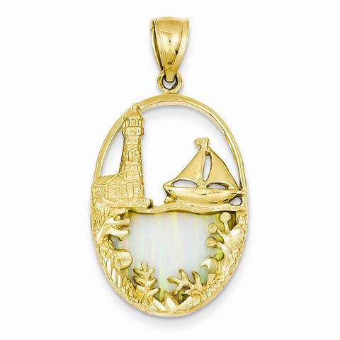 14k Gold Imitation Opal Lighthouse & Sailboat Pendant, Pendants for Necklace