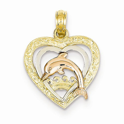 14k Gold Yellow & Rose Gold w/Rhodium Dolphin Heart Pendant, Pendants for Necklace