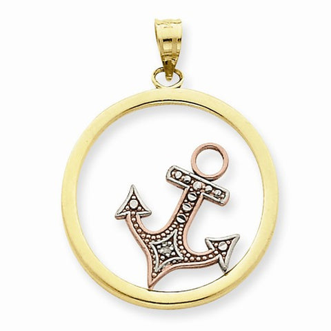 14k Gold Two-tone with Rhodium Anchor in Circle Pendant, Pendants for Necklace