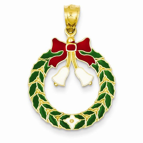 14k Gold Enameled Christmas Wreath Pendant, Pendants for Necklace