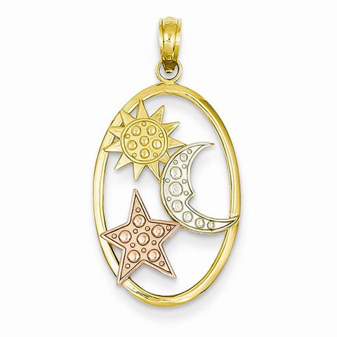 14k Gold Yellow & Rose Gold w/Rhodium Sun, Moon & Star Oval Pendant, Pendants for Necklace