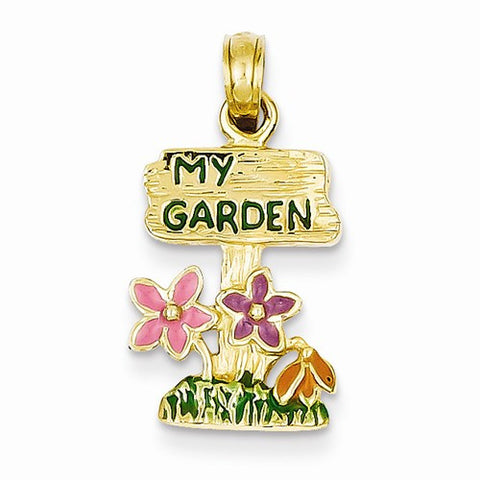 14k Gold Enameled My Garden Sign w/Flowers Pendant, Pendants for Necklace