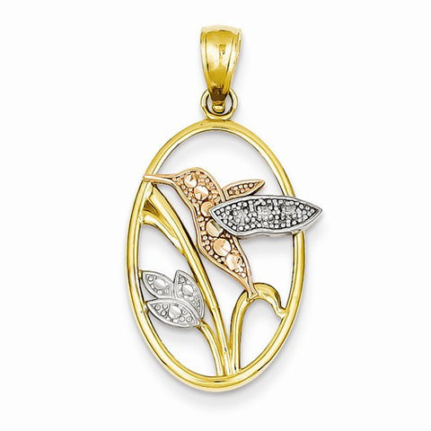 14k Gold Yellow & Rose Gold w/Rhodium Hummingbird Oval Pendant, Pendants for Necklace
