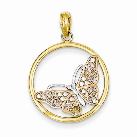 14k Gold Rose & yellow gold w/ Rhodium Butterfly in Circle Pendant, Pendants for Necklace