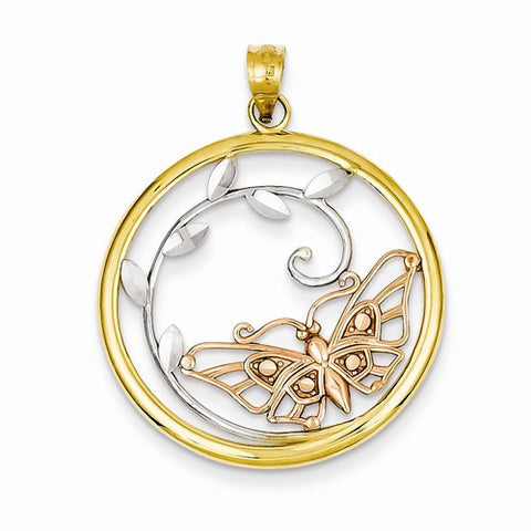 14k Gold Yellow & Rose Gold w/Rhodium Butterfly in Circle Pendant, Pendants for Necklace