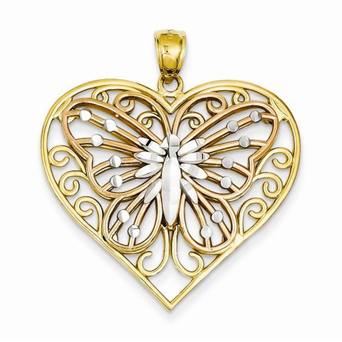14k Gold rose & yellow gold rhodium Diamond-cut Butterfly on Heart Pendant, Pendants for Necklace