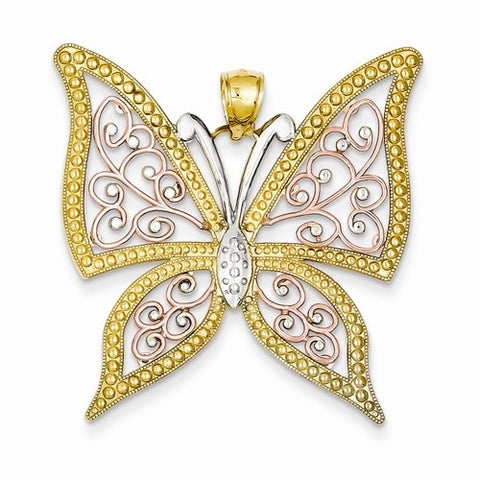 14k Gold Yellow & Rose Gold w/Rhodium Diamond-cut Butterfly Pendant, Pendants for Necklace
