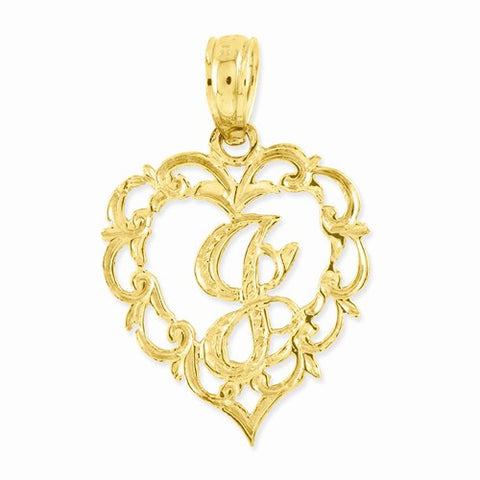 14k Gold J Script Initial in Heart Pendant, Pendants for Necklace