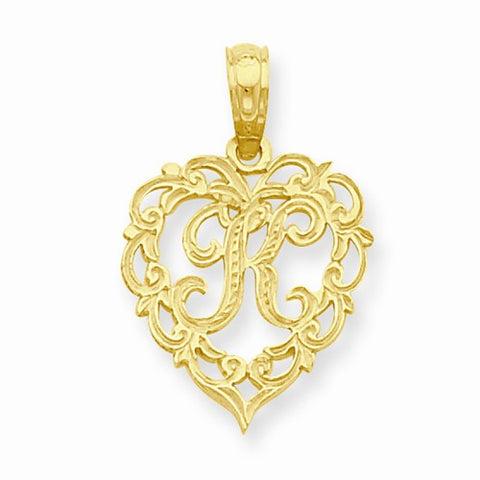 14k Gold K Script Initial in Heart Pendant, Pendants for Necklace