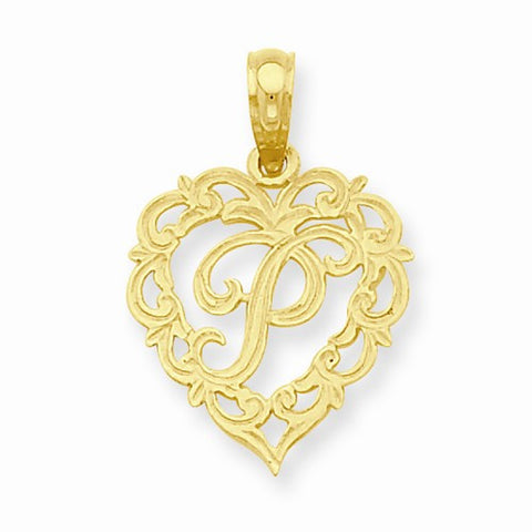 14k Gold P Script Initial in Heart Pendant, Pendants for Necklace