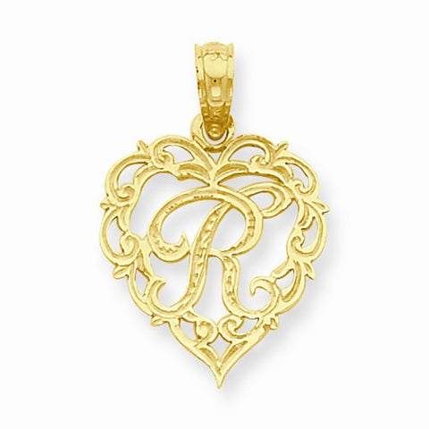 14k Gold R Script Initial in Heart Pendant, Pendants for Necklace
