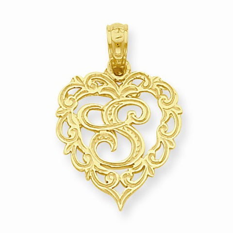 14k Gold S Script Initial in Heart Pendant, Pendants for Necklace