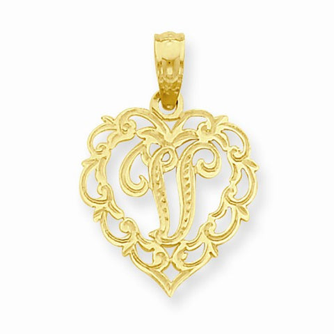 14k Gold V Script Initial in Heart Pendant, Pendants for Necklace