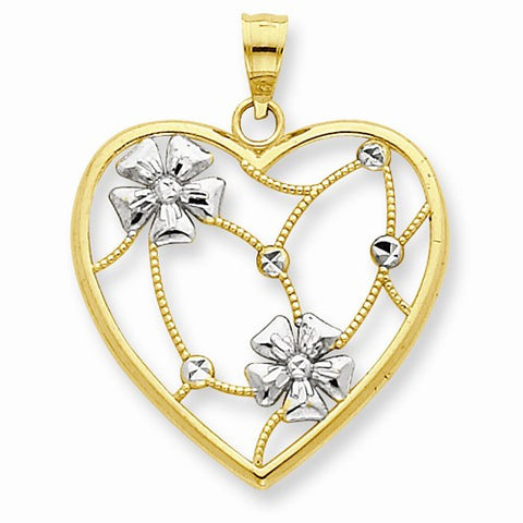14k Gold & Rhodium Flowers in Heart Pendant, Pendants for Necklace
