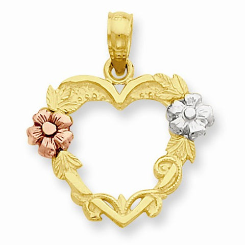 14k Gold Two-tone & Rhodium Heart with Flowers Pendant, Pendants for Necklace