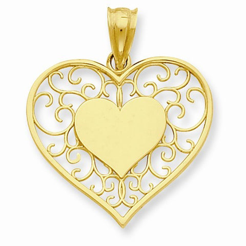14k Gold Heart in Heart Polished & Filigree Pendant, Pendants for Necklace
