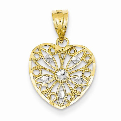 14k Gold & Rhodium Diamond-cut Fancy Filigree Heart Pendant, Pendants for Necklace