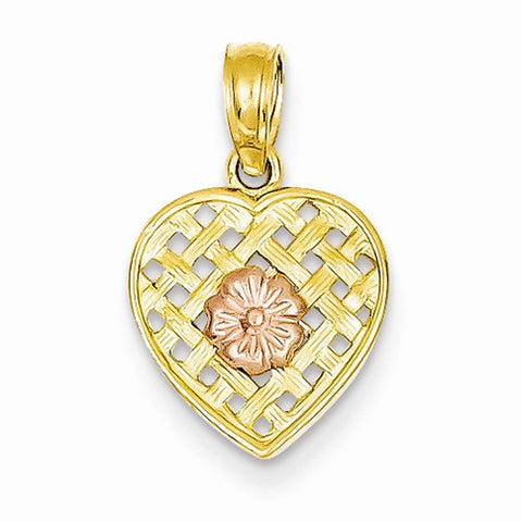 14k Gold Two-tone Woven Heart with Pink Flower Pendant, Pendants for Necklace