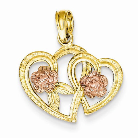 14k Gold Two-tone Double Hearts with Flowers Pendant, Pendants for Necklace