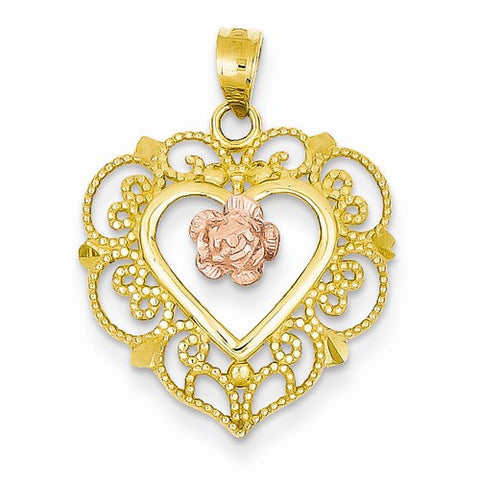 14k Gold Two-tone Lace Trim and Pink Rose Center Heart pendant, Pendants for Necklace