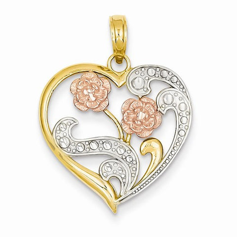 14k Gold Two-tone & Rhodium Flowers on Cut-out Heart Pendant, Pendants for Necklace