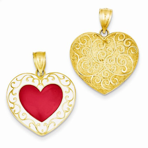 14k Gold 3-D White and Red Enameled Scrolled Reversible Heart Pendant, Pendants for Necklace
