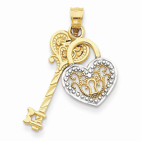 14k Gold & Rhodium Diamond-cut Key & Heart Lock Pendant, Pendants for Necklace