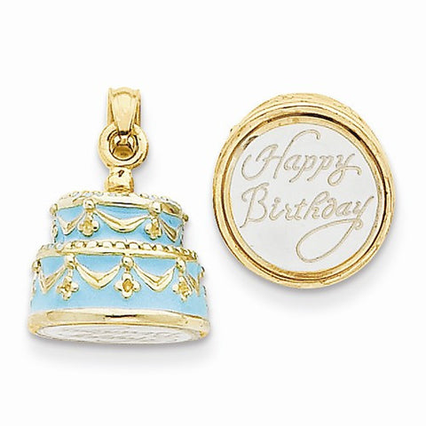 14k Gold 3-D Light Blue Enameled Happy Birthday Cake Pendant, Pendants for Necklace