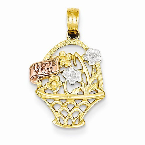 14k Gold Two-tone & Rhodium Flowers in Basket Pendant, Pendants for Necklace