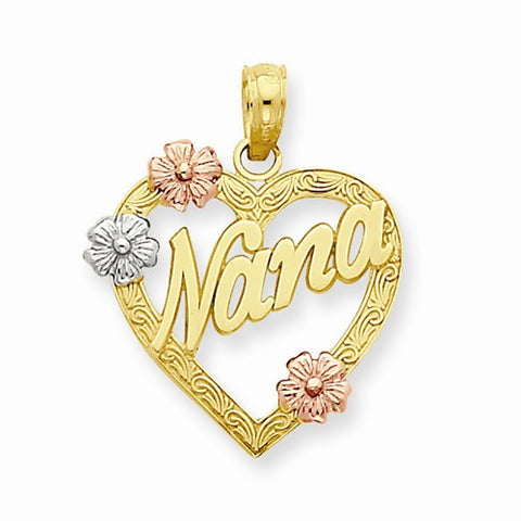 14k Gold Tri-color Nana in Heart with Flowers Pendant, Pendants for Necklace