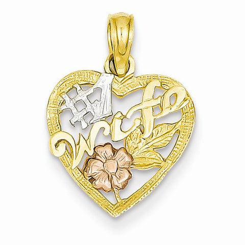 14k Gold Two-tone #1 Wife in Heart with Rose Pendant, Pendants for Necklace
