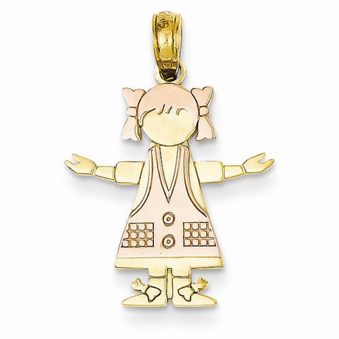14k Gold Two-tone Girl with Pink Dress and Hair Pendant, Pendants for Necklace