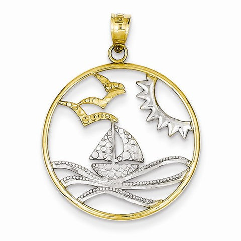 14k Gold & Rhodium Sun, Sailboat, Water and Seagulls Pendant, Pendants for Necklace