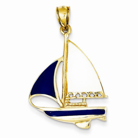 14k Gold 2-D Blue and White Enameled Sailboat Pendant, Pendants for Necklace