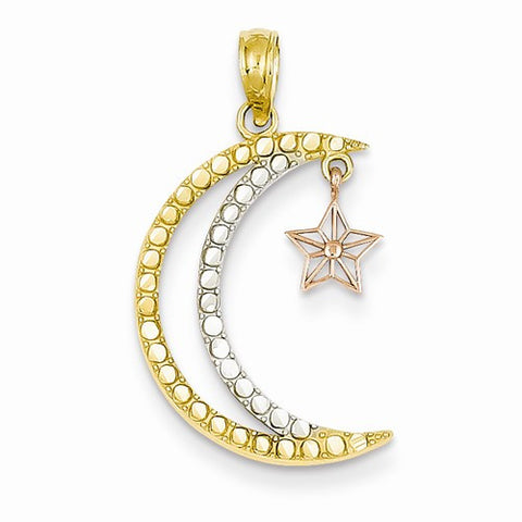 14k Gold Two-tone/Rhodium Moon with Dangling Star Pendant, Pendants for Necklace