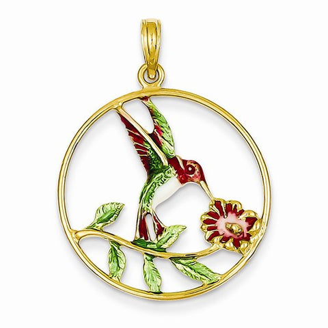 14k Gold Enameled Hummingbird & Flower Round Frame Pendant, Pendants for Necklace