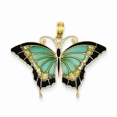 14k Gold Aqua Stained Glass Wings Butterfly Pendant, Pendants for Necklace