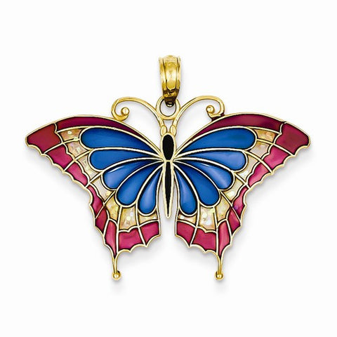 14k Gold Blue Stained Glass Wings Butterfly Pendant, Pendants for Necklace
