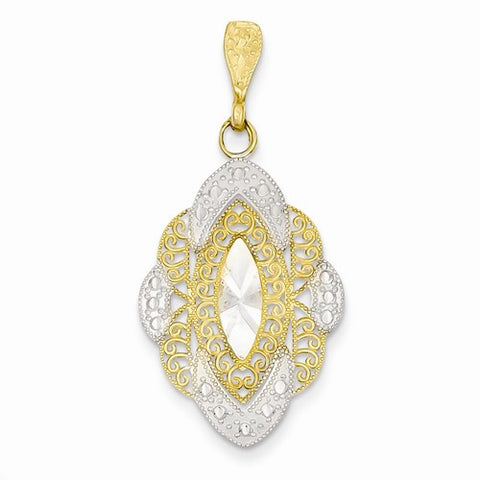 14k Gold & Rhodium Diamond-cut Filigree Scallop Oval Pendant, Pendants for Necklace