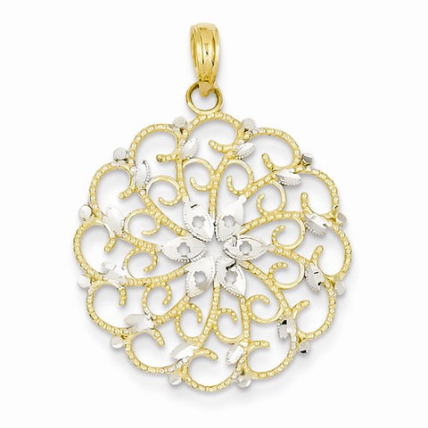 14k Gold & Rhodium Diamond-cut Filigree Scalloped Edged Pendant, Pendants for Necklace