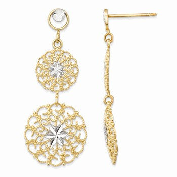 14k Yellow Gold Rhodium Diamond-cut Filigree Medallion Drop Post Earrings