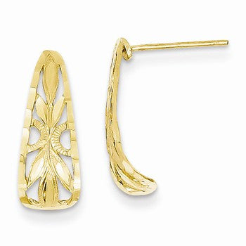 14k Yellow Gold Leaf Pattern Mini J-Hoop Post Earring, Jewelry Earrings