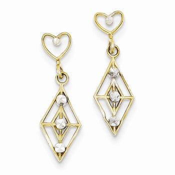 14k Yellow Gold Rhodium Dangling Diamond Shape Heart Post Earrings