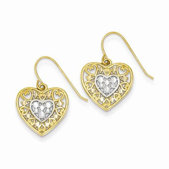 14k Yellow Gold Rhodium Heart Cut-Out Filigree Wire Earrings