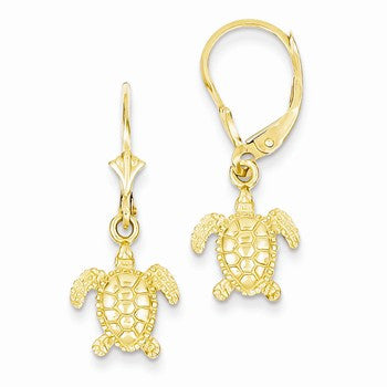 14k Yellow Gold Yellow Gold 3-D Mini Sea Turtle Leverback Earrings